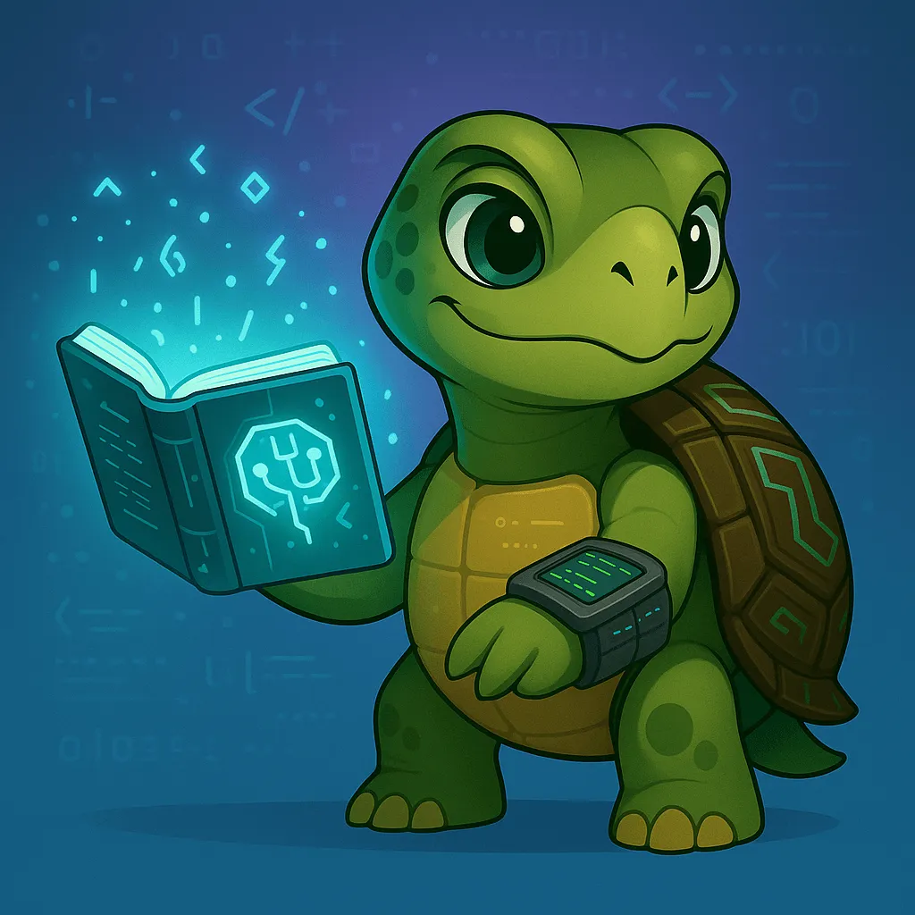 Turtleand standed with an AI book on its hand